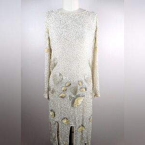 VINTAGE Heavy Pearl & Beaded Sequin Seashell Gatsby Pure Silk Dress- Size Small